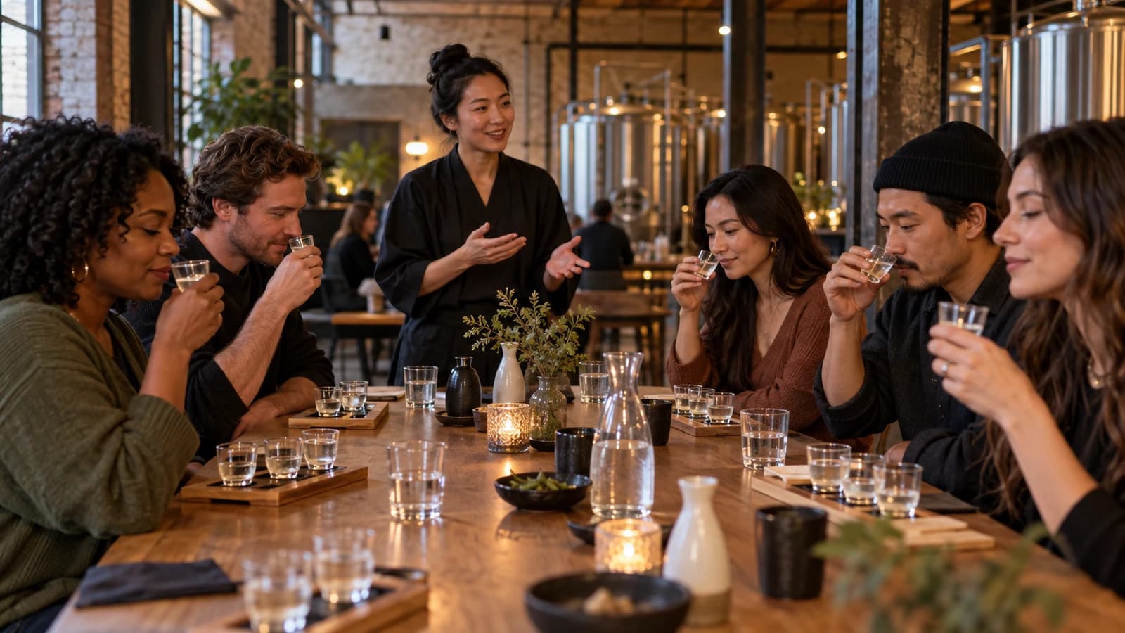 Original editorial scene of adults pacing a guided sake tasting with water at a Brooklyn brewery