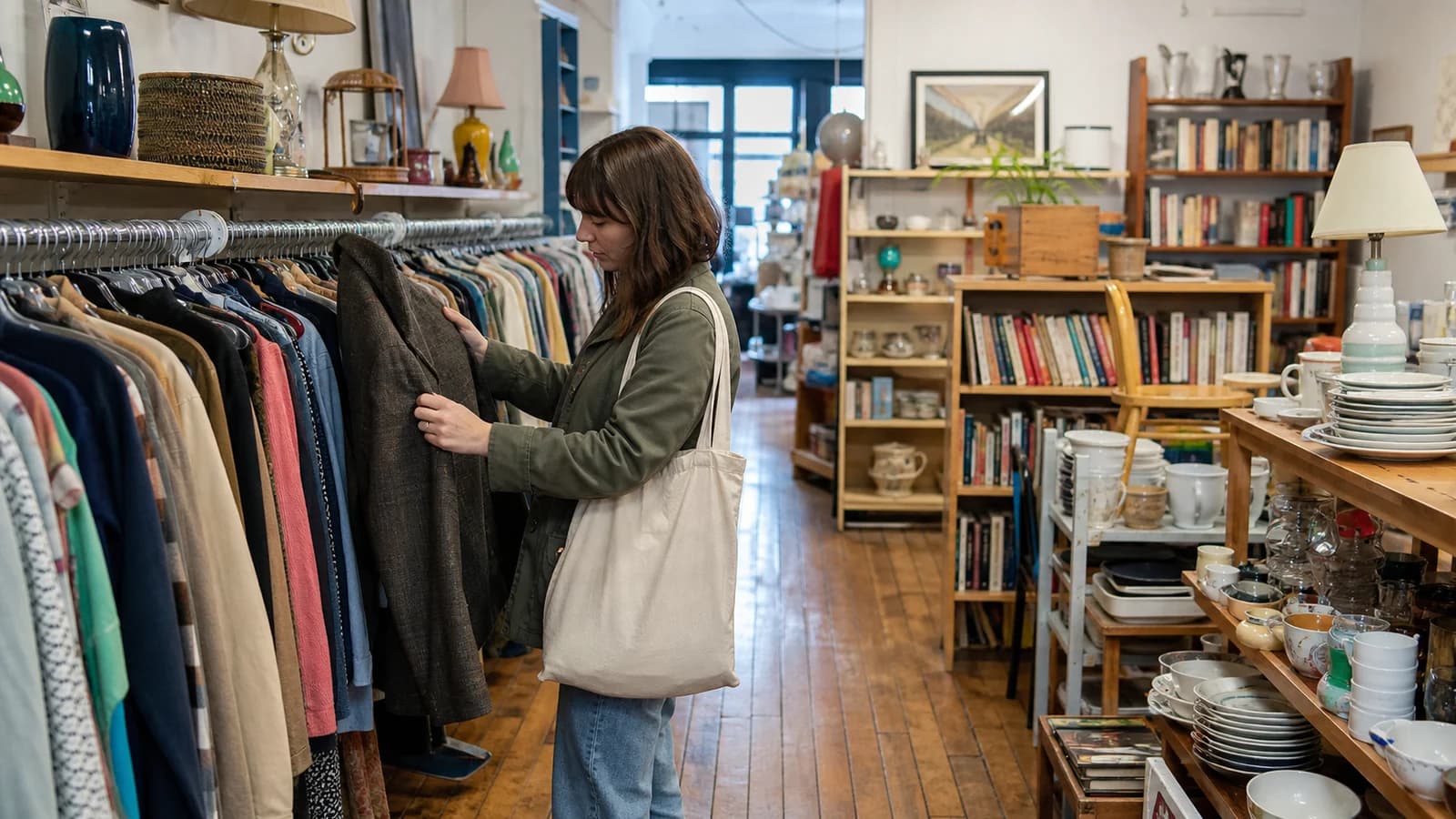 Shopper inspecting a jacket beside secondhand books and housewares in a Park Slope thrift shop