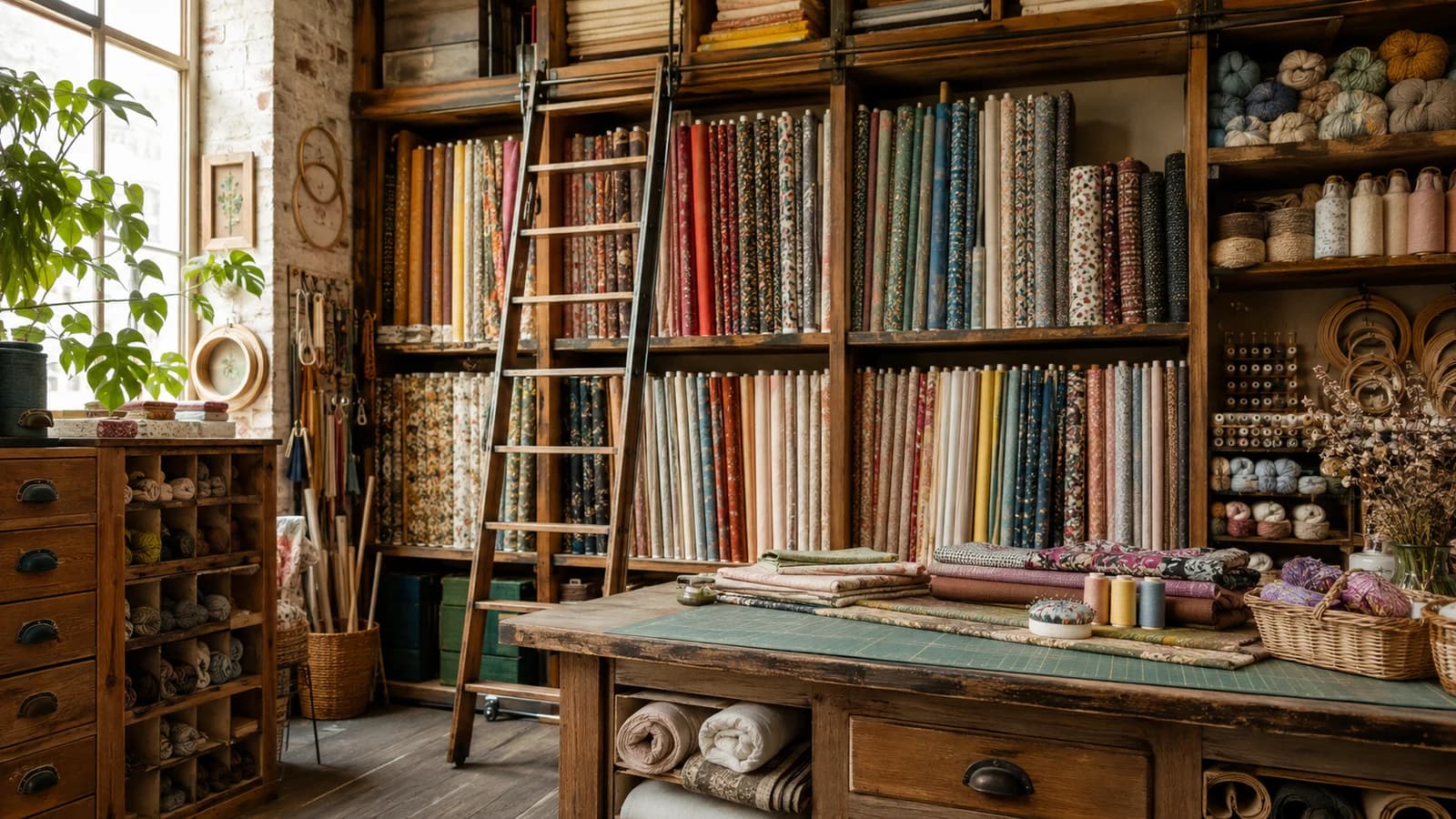 Fabric bolts, yarn, notions, embroidery hoops, and a cutting table in a warm old-fashioned craft shop