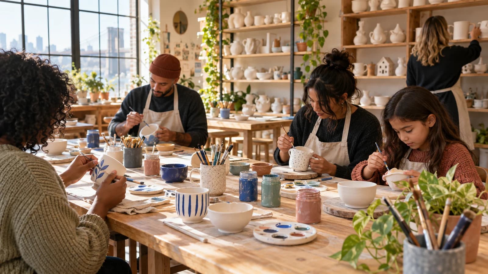 Original editorial scene of adults and a child choosing and painting pottery in a neighborhood craft studio