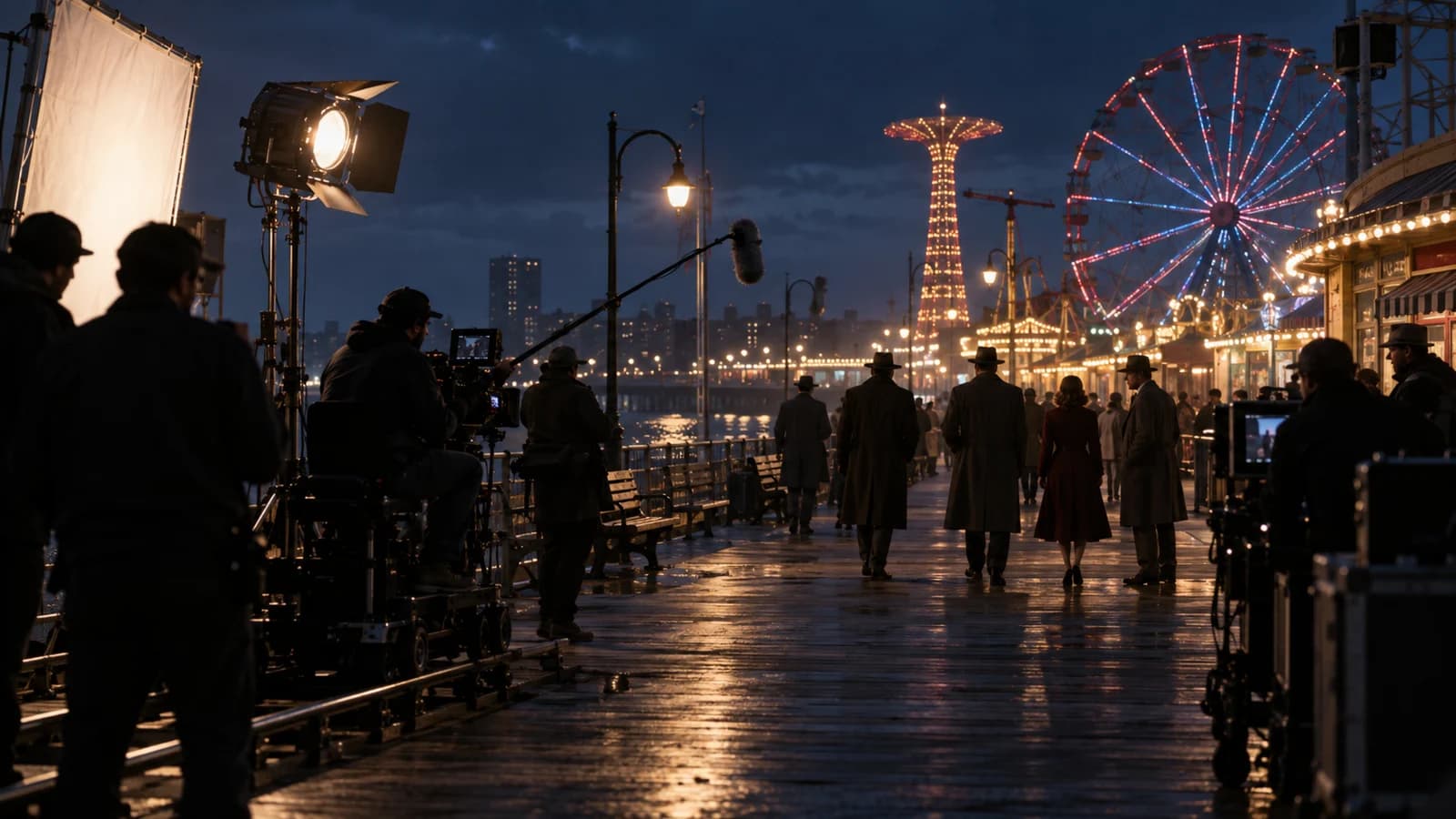 A nighttime film crew working on the Coney Island boardwalk beneath amusement-ride lights