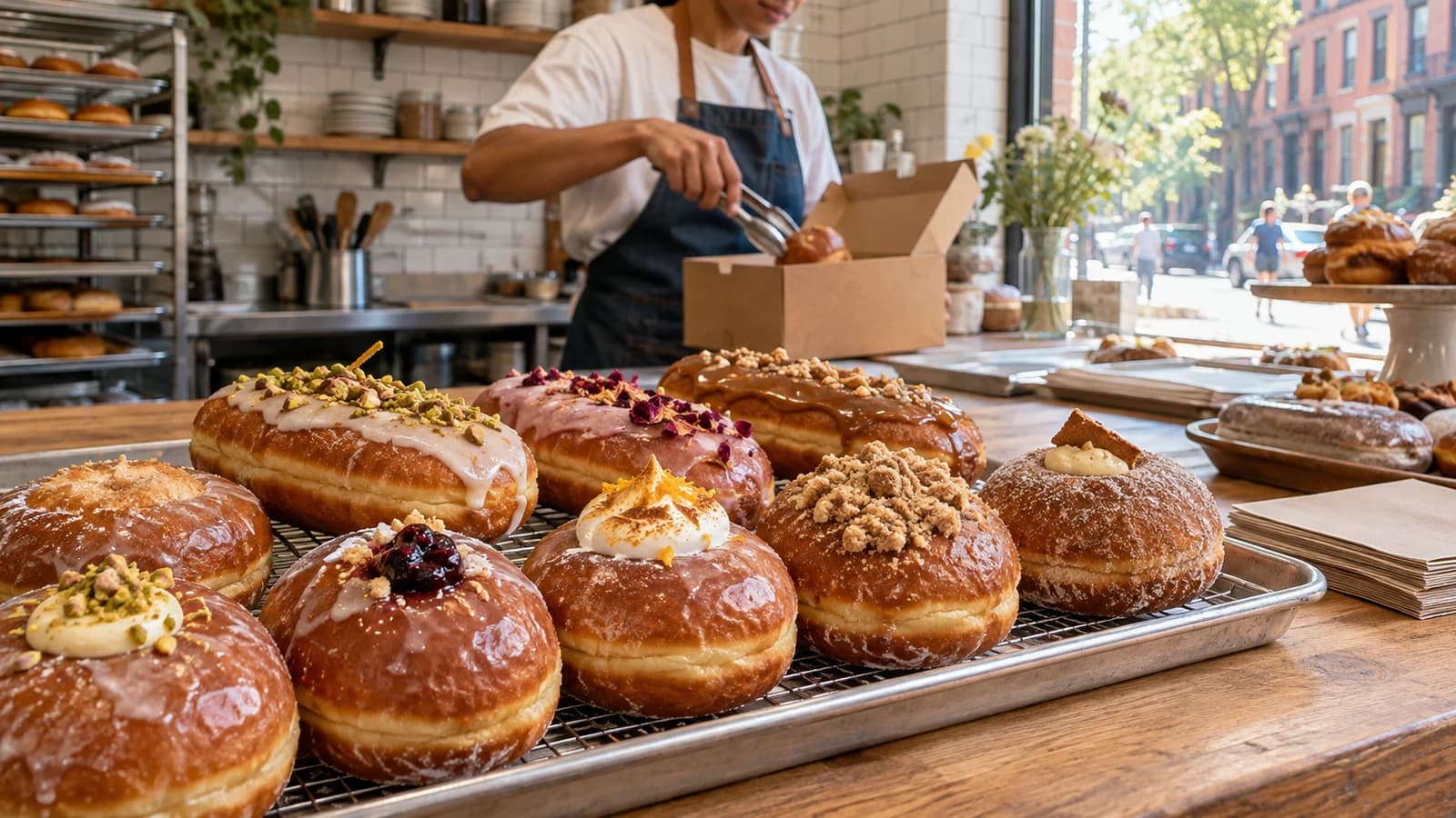 Original editorial illustration of glazed and filled brioche doughnuts being boxed at a sunny Bed-Stuy bakery counter
