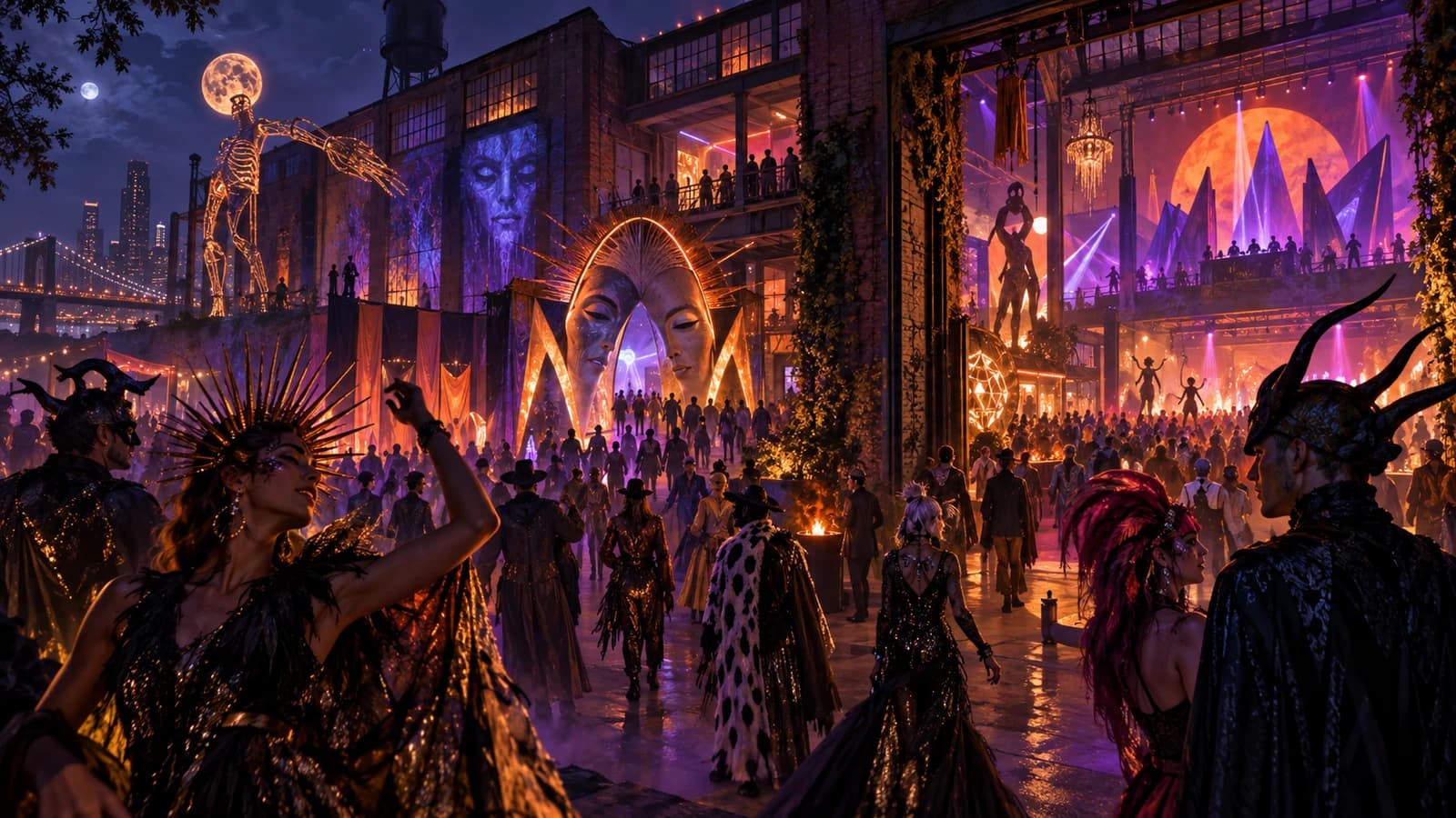 Costumed adults exploring theatrical stages and light installations across a Brooklyn warehouse courtyard at night