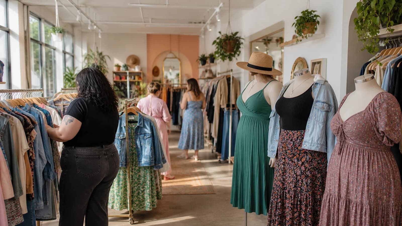 Inclusive plus-size resale boutique in Greenpoint with dresses, denim, jackets, and welcoming shoppers