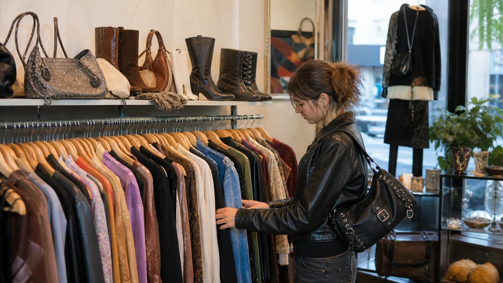 Shopper browsing leather jackets, patterned tops, boots, and accessories in a compact Greenpoint vintage store