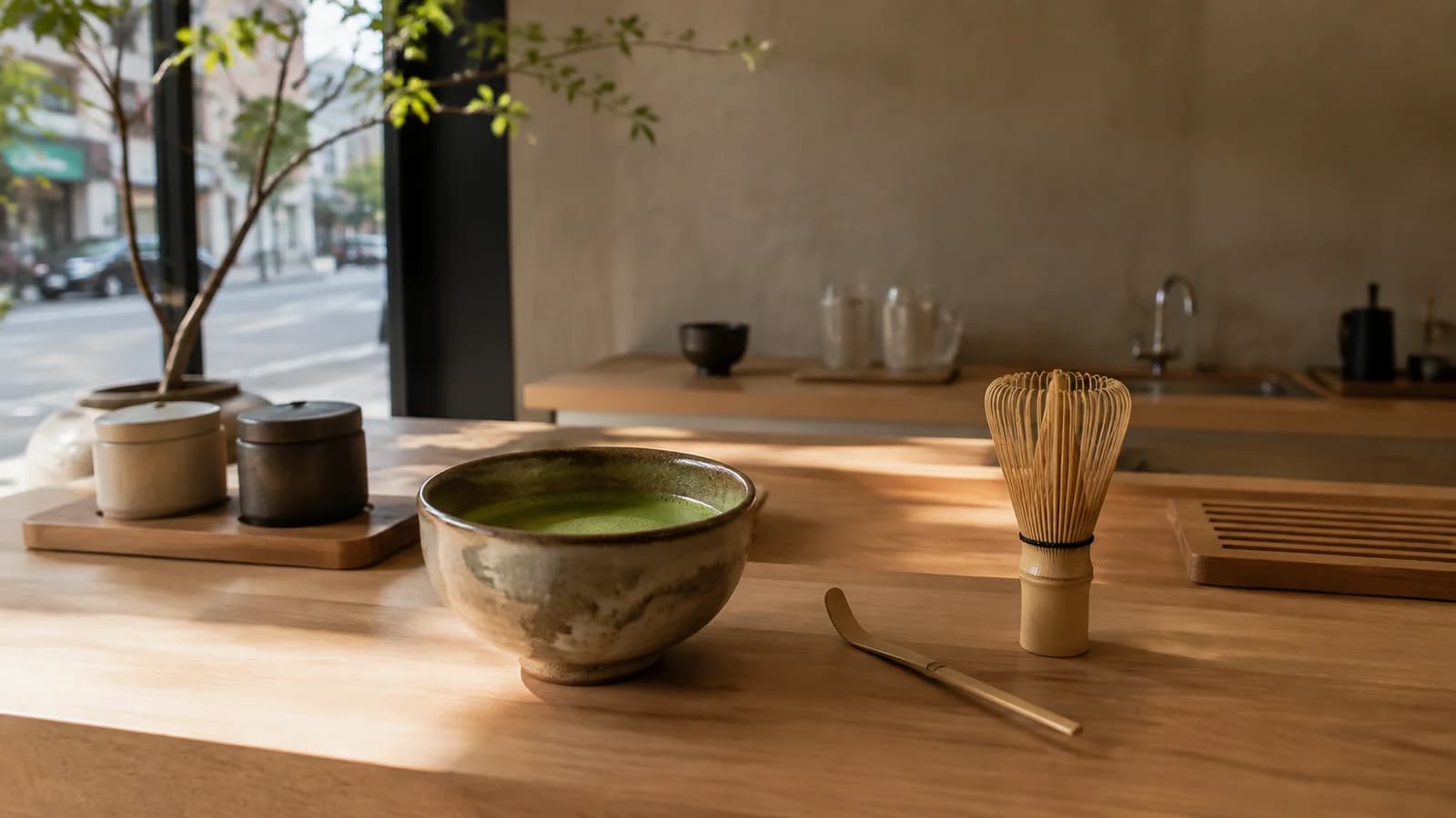 Freshly whisked matcha in a ceramic bowl with bamboo whisk and scoop at a quiet pale-wood tea counter