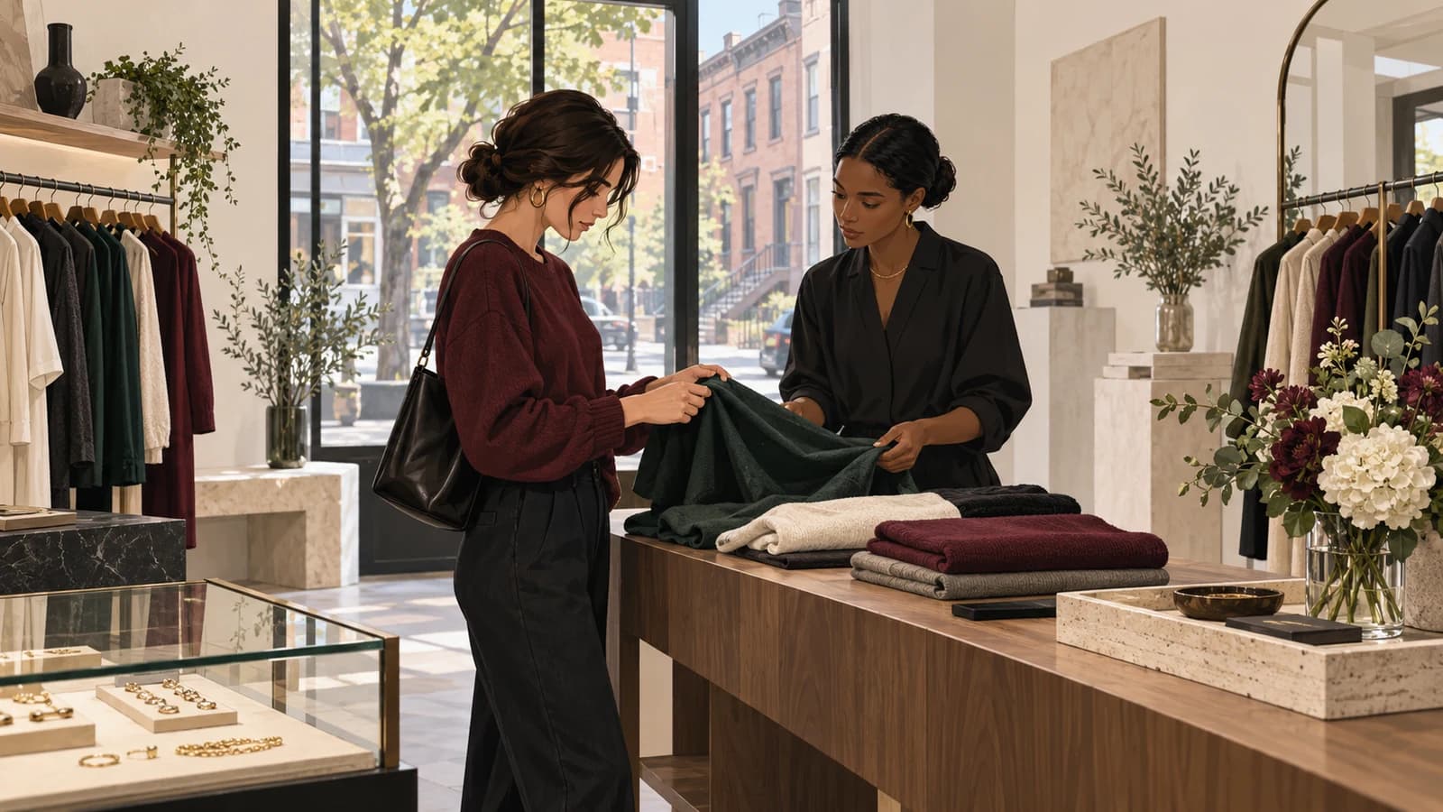 Illustration of a shopper comparing fabric in a refined Atlantic Avenue clothing boutique with flowers and jewelry.