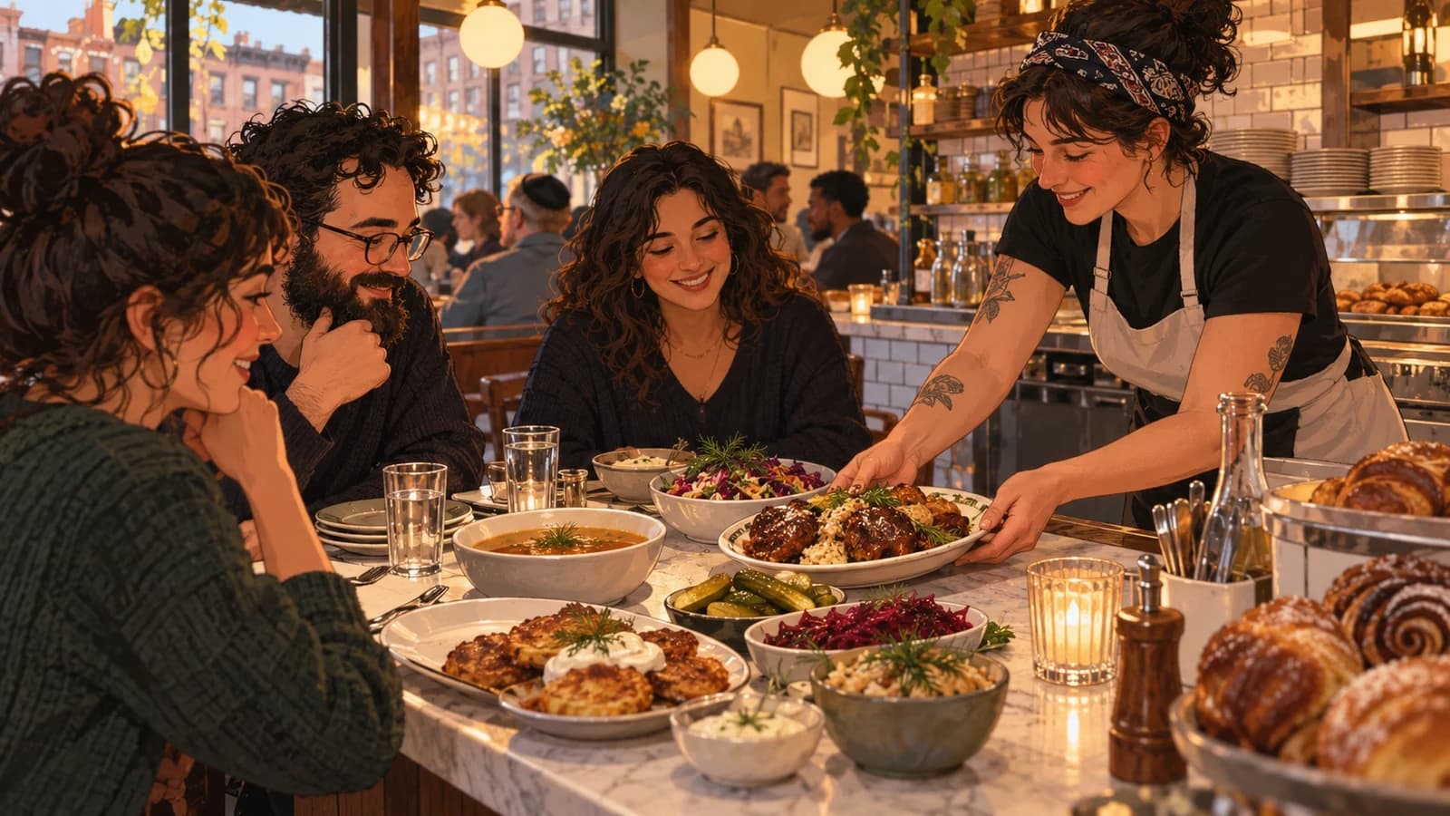 Illustration of diners sharing Eastern European and Jewish comfort-food-inspired plates in a warm Crown Heights restaurant.