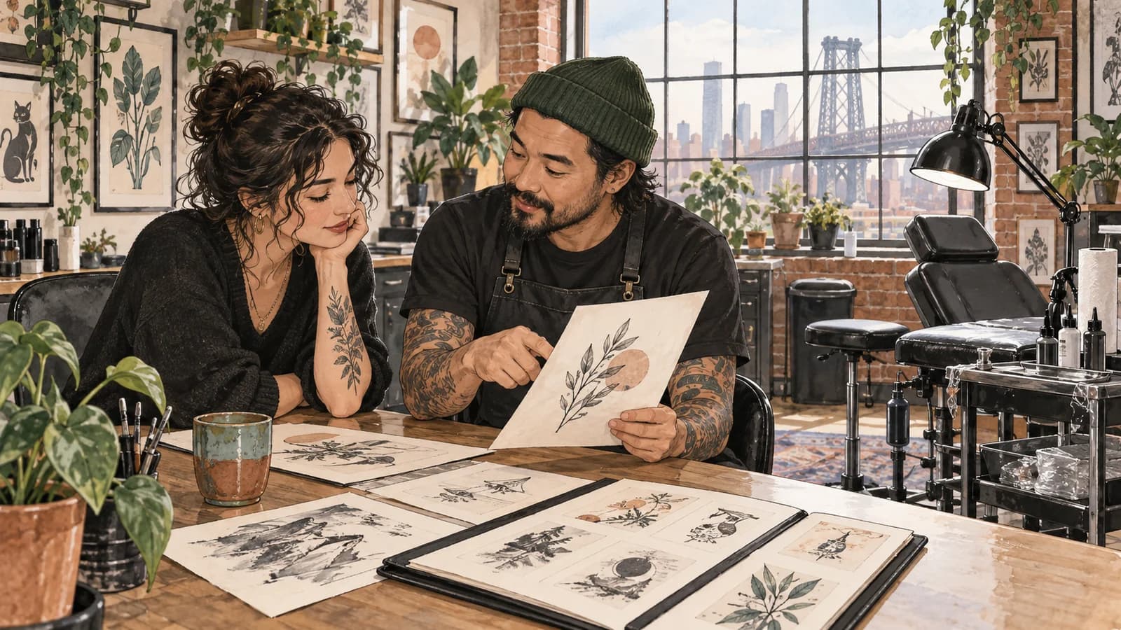 Original editorial watercolor illustration of an adult client and tattoo artist reviewing an original botanical design in a clean Brooklyn studio.