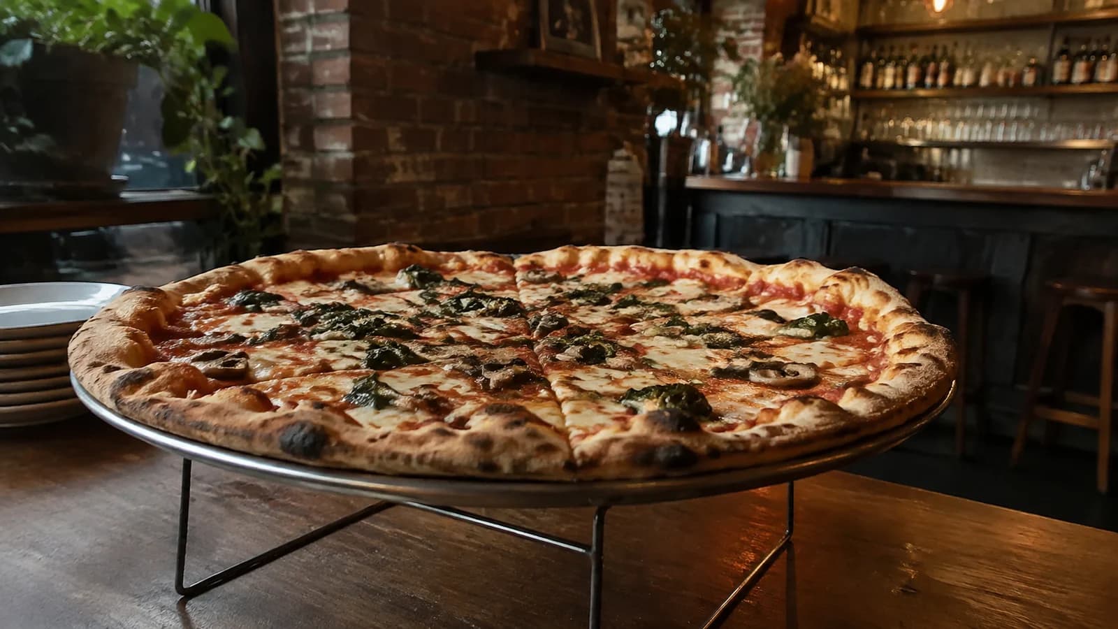 Naturally leavened whole pizza on a metal stand in a warm Brooklyn pizzeria