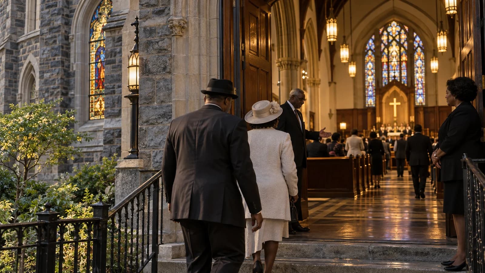 Original editorial scene of guests arriving respectfully for worship at a historic Black Baptist church