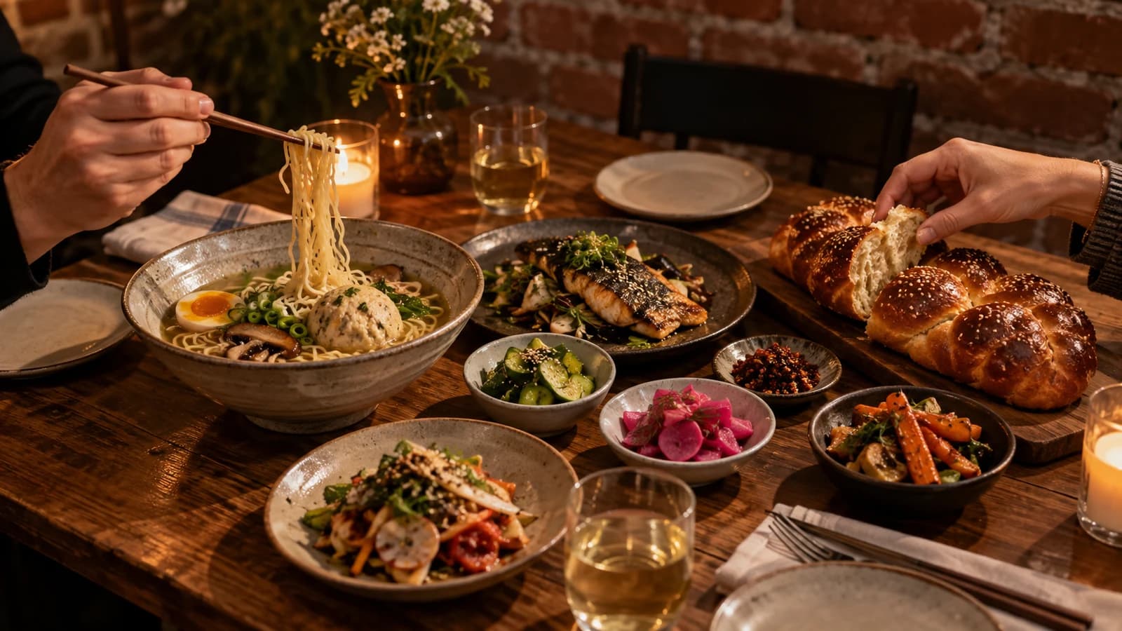 Original editorial table scene blending Japanese and Jewish-inspired shared dishes in a warm Brooklyn dining room