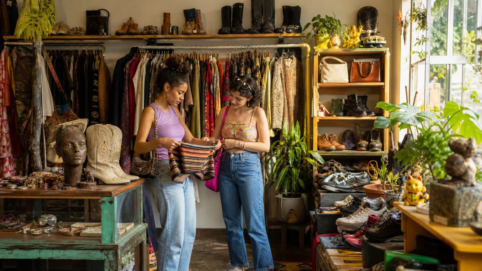 Two friends browsing colorful pre-loved clothing, shoes, and accessories in a warm Bushwick resale shop