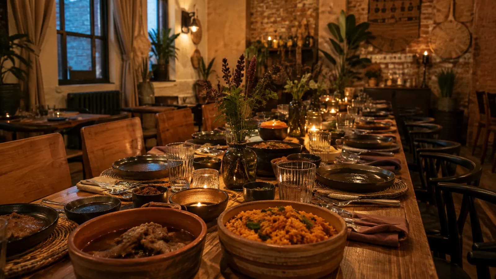 Warm communal dinner table set with Nigerian dishes in an intimate Brooklyn restaurant