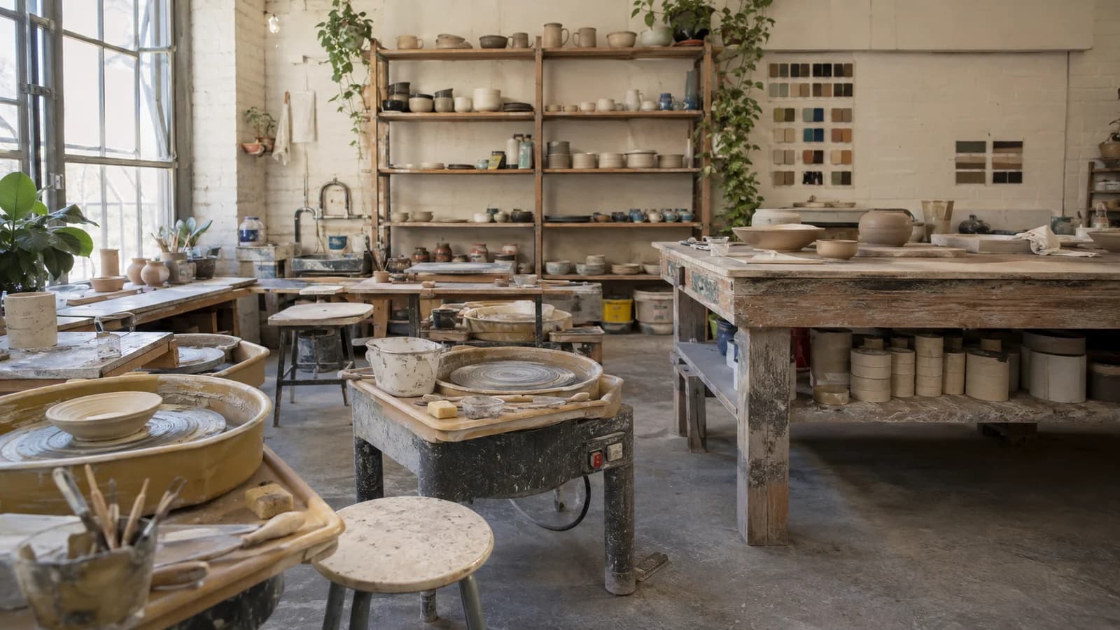 Working community ceramics studio with pottery wheels, clay tools, glaze tiles, and shelves of handmade vessels