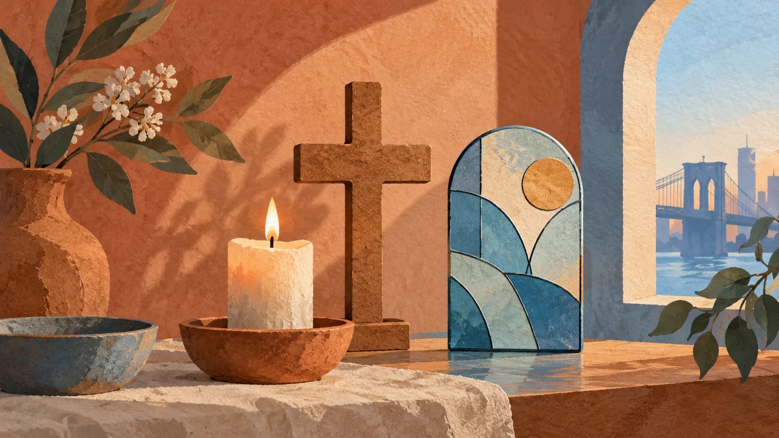 Conceptual editorial illustration for St. Anselm Roman Catholic Church; not a documentary depiction of the establishment.