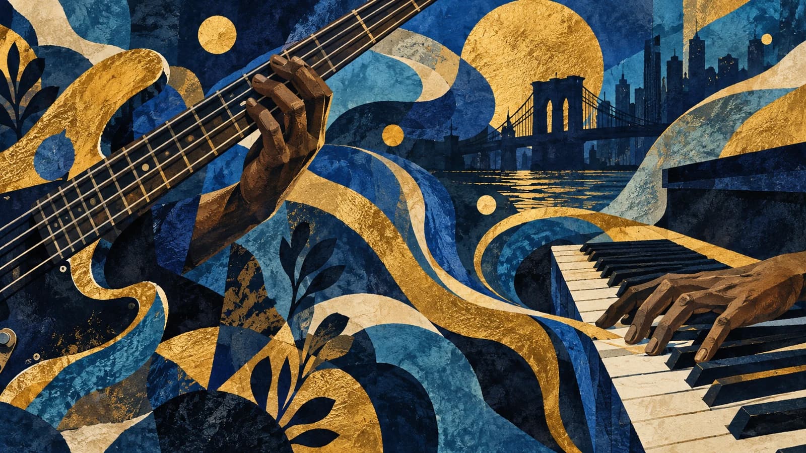 Conceptual illustration of bass and piano for the BAM concert; not a photograph of the performers or venue.