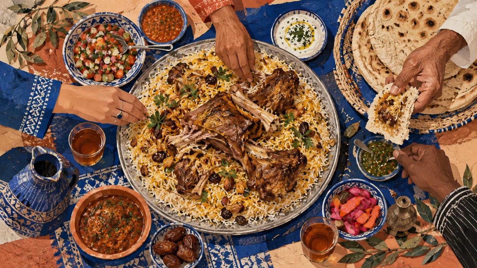 Conceptual editorial illustration of restaurant planning in Brooklyn; not a documentary depiction of Yemen Café — Atlantic Avenue.