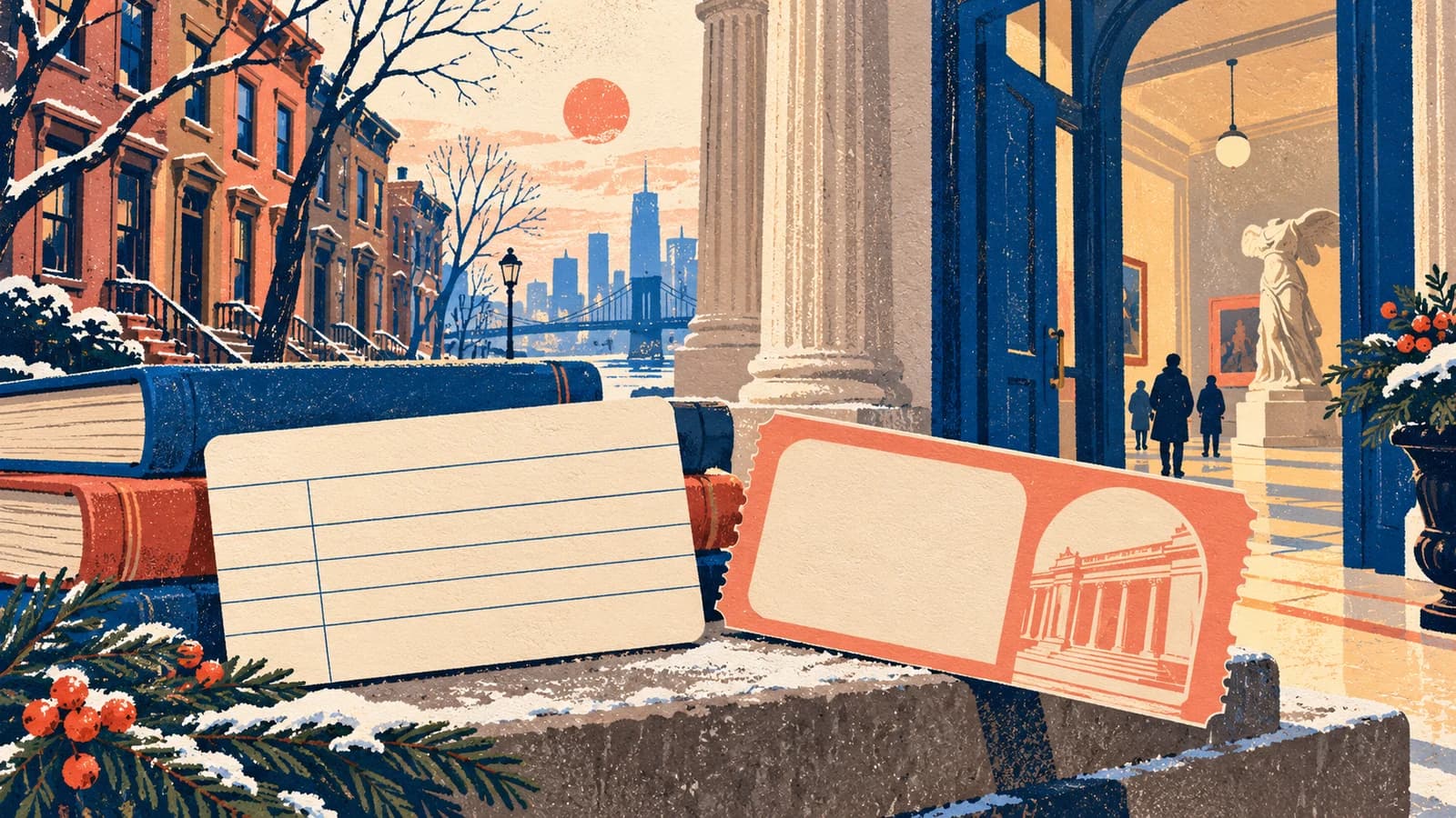 Conceptual illustration of a library card, admission pass and museum entrance in Brooklyn.