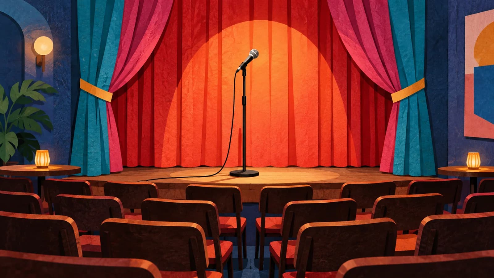Conceptual editorial illustration of comedy club planning in Brooklyn; not a documentary depiction of Brooklyn Comedy Collective.