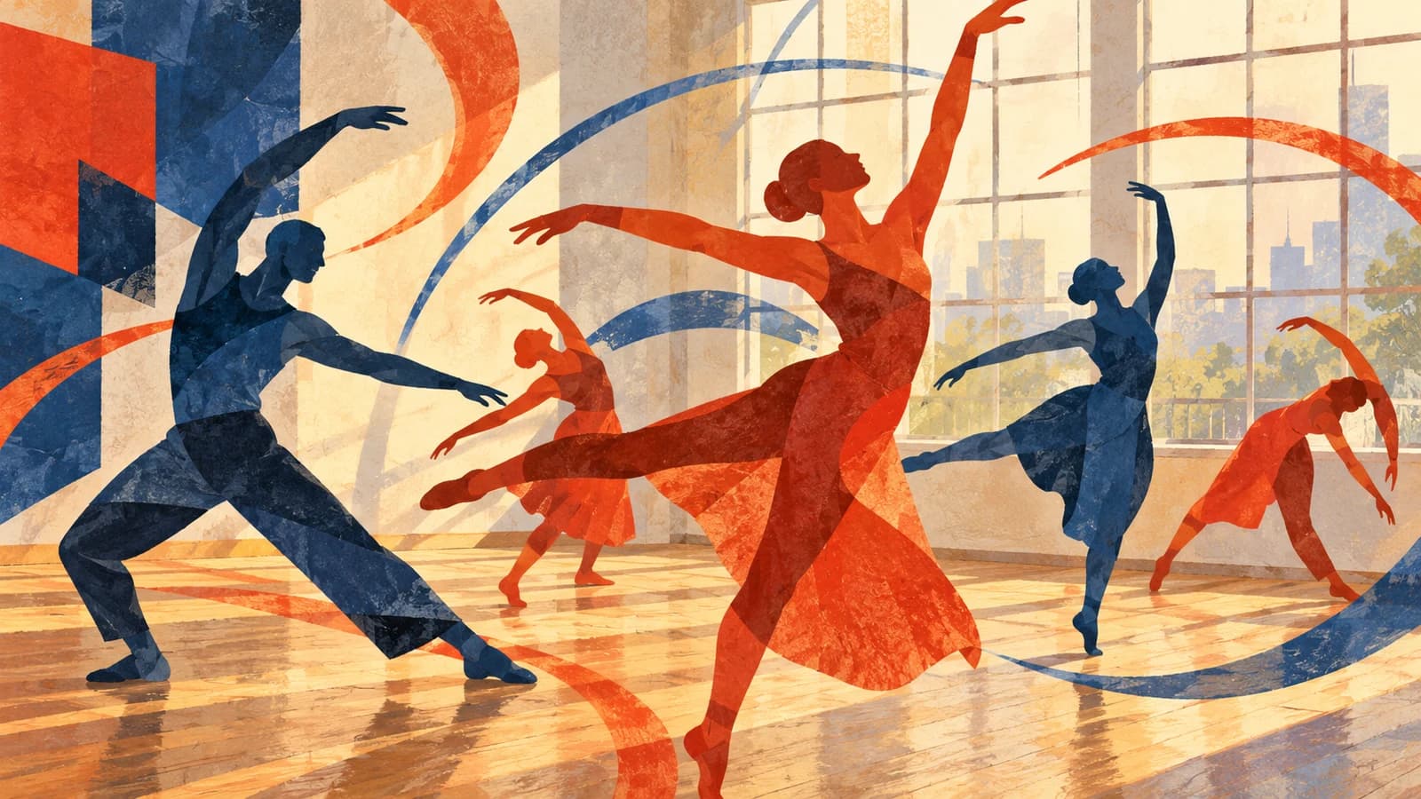 Conceptual editorial illustration for Mark Morris Dance Center; not a documentary depiction of the establishment.