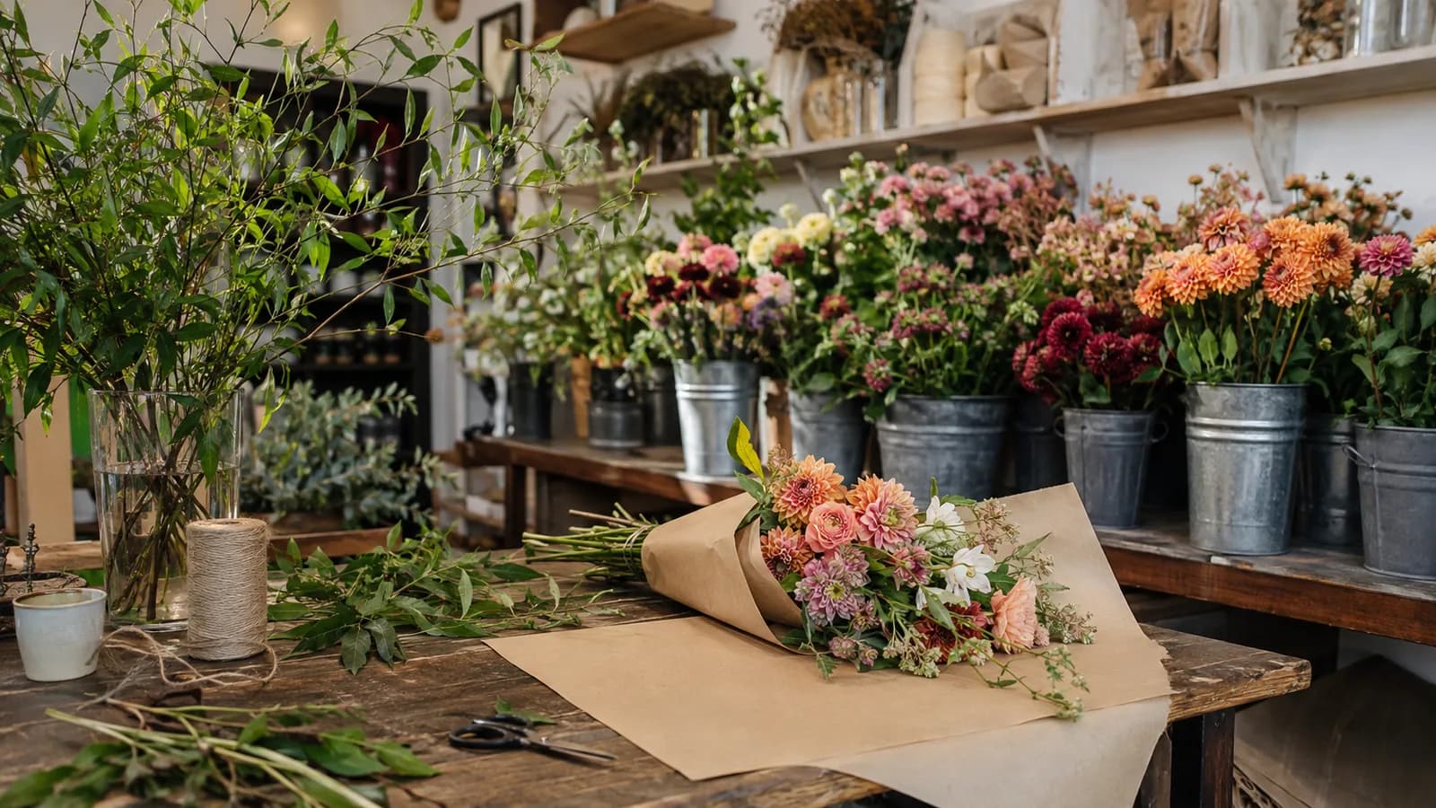 Seasonal flowers and a hand-tied bouquet on a worktable in a Brooklyn florist studio