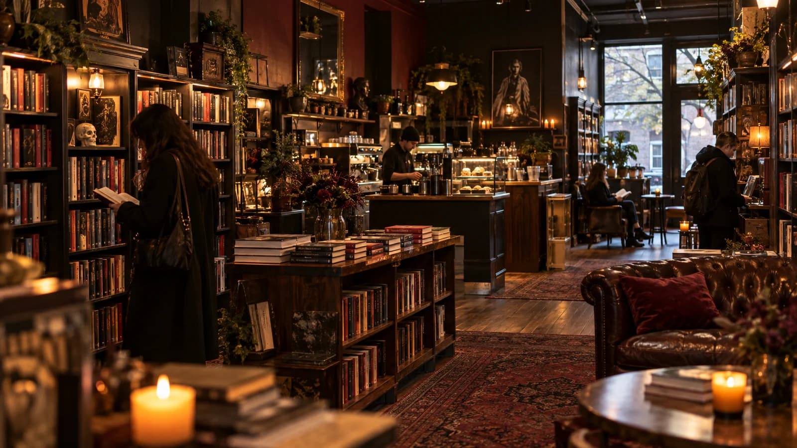 Original editorial image of readers browsing a warm, atmospheric horror and dark-literature bookstore and café in Williamsburg