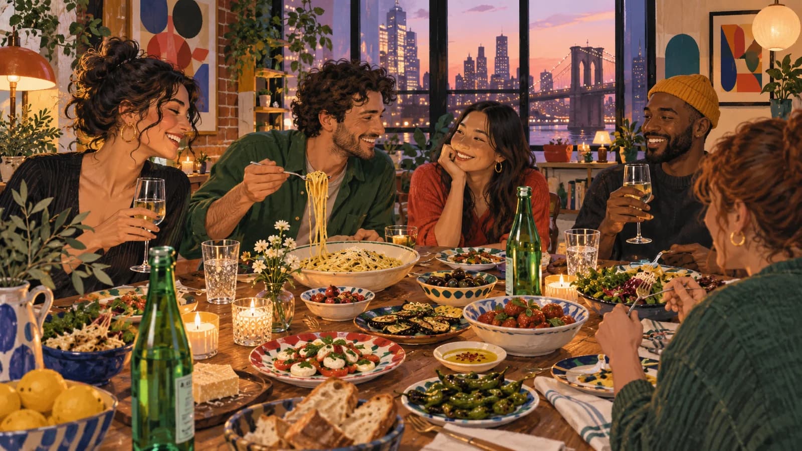 Conceptual editorial illustration of restaurant planning in Brooklyn; not a documentary depiction of the venue.