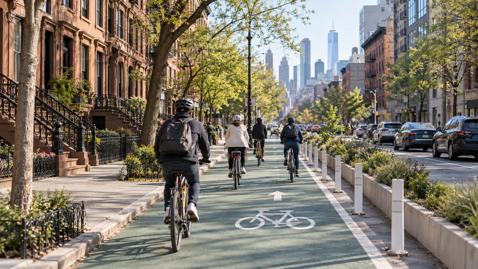 Several cyclists using a protected bike lane connecting a brownstone block with Downtown Brooklyn