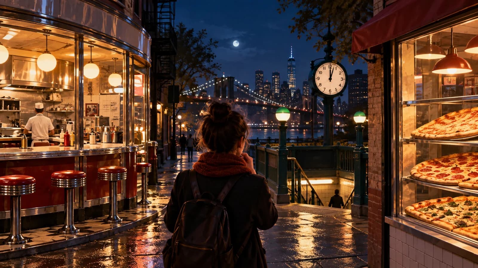 Late-night Brooklyn diner and pizza-window choices near a subway entrance