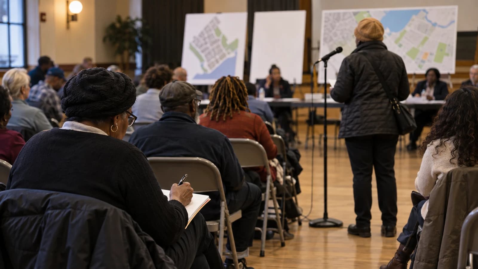Brownsville residents participating in a generic public meeting with notebooks, maps and a public-comment microphone