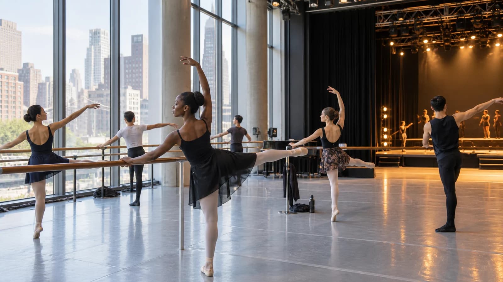 Dancers warming at a barre in a bright Downtown Brooklyn studio beside a small performance stage