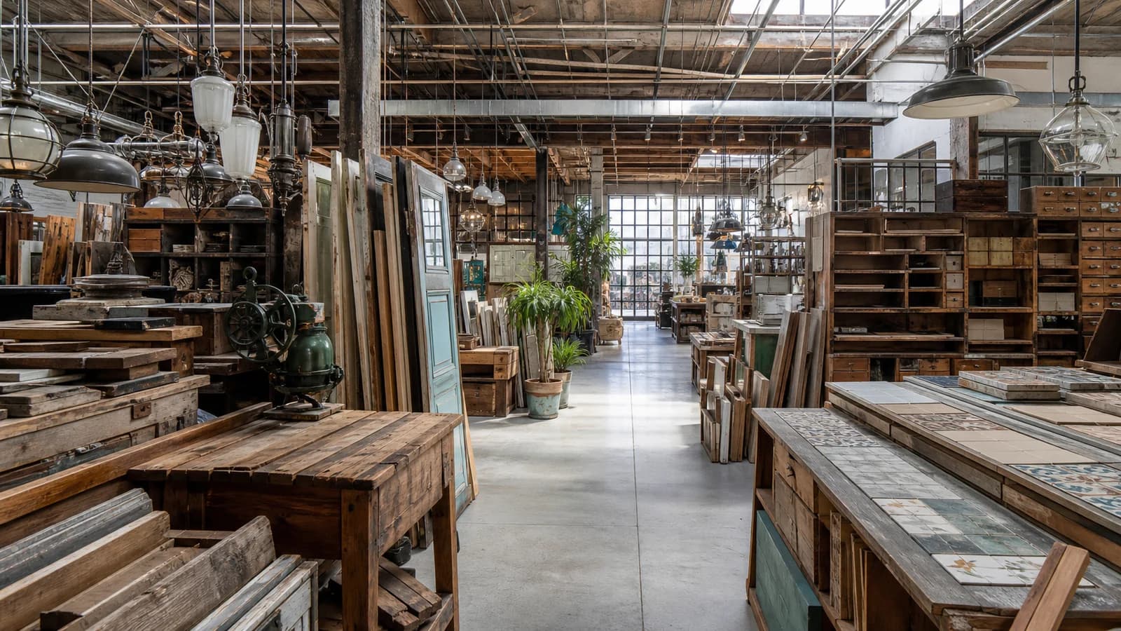 Gowanus reuse warehouse with salvaged furniture, doors, lighting fixtures, lumber, and tile