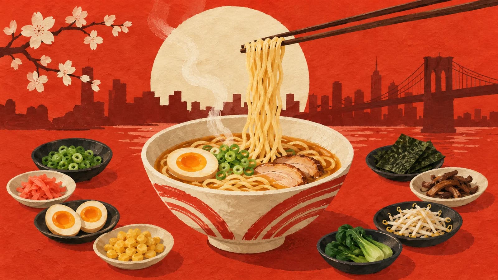 Conceptual editorial illustration for Ramen DANBO Park Slope; not a documentary depiction of the establishment.