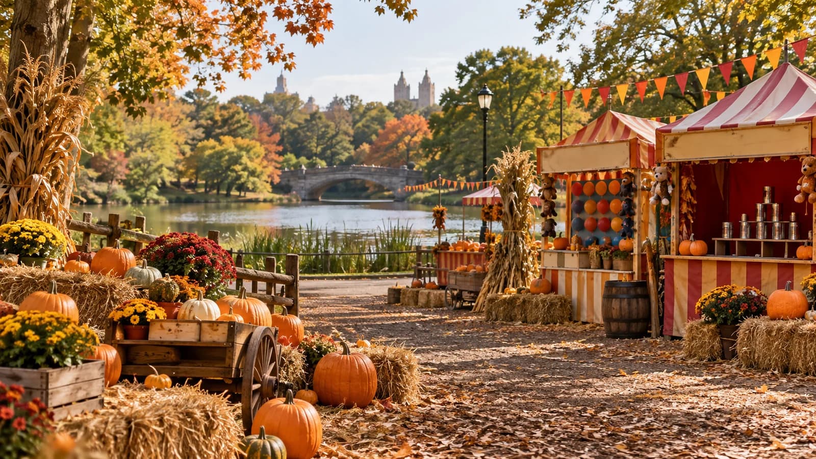 A fall festival setup with pumpkins, hay bales and carnival game booths beside a Brooklyn park lake.