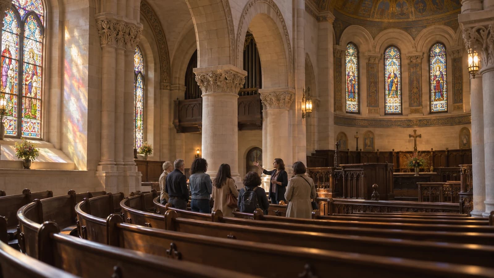 Original editorial image of a small guided history group inside a warm historic church sanctuary