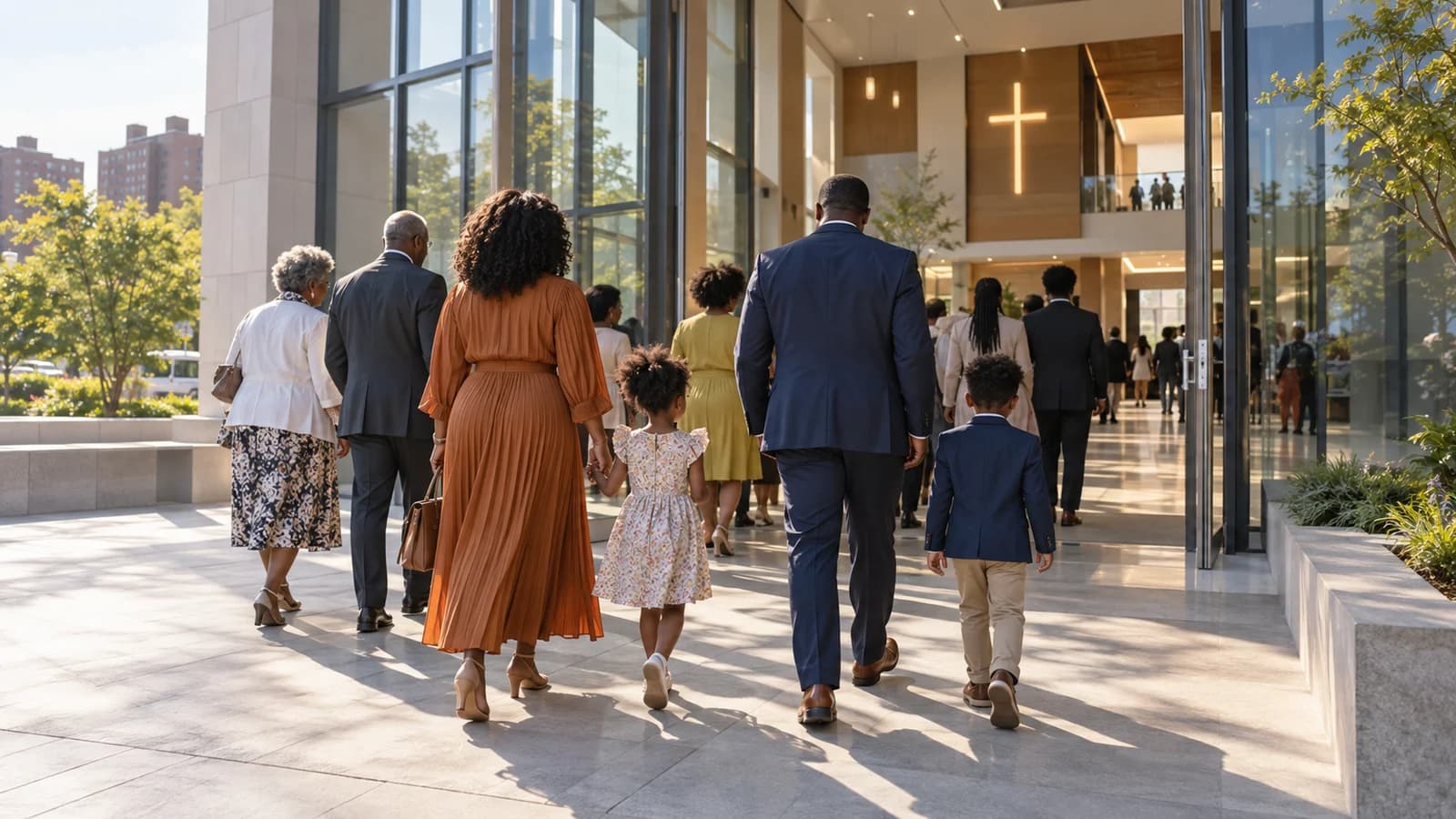 Original editorial illustration of a multigenerational congregation arriving at a contemporary Brooklyn church campus