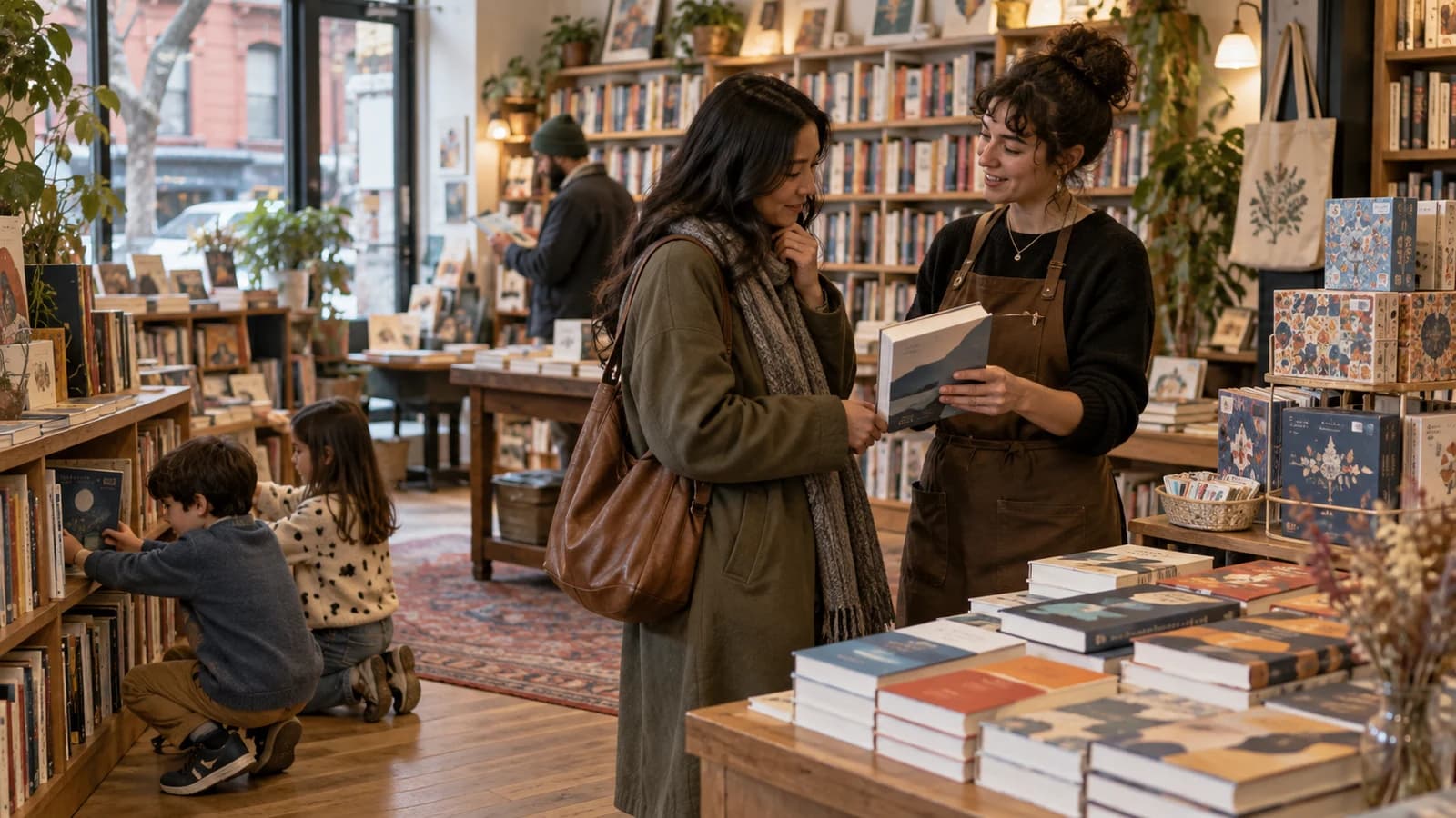 Original editorial scene of a bookseller recommending a book while adults and children browse an independent neighborhood bookstore