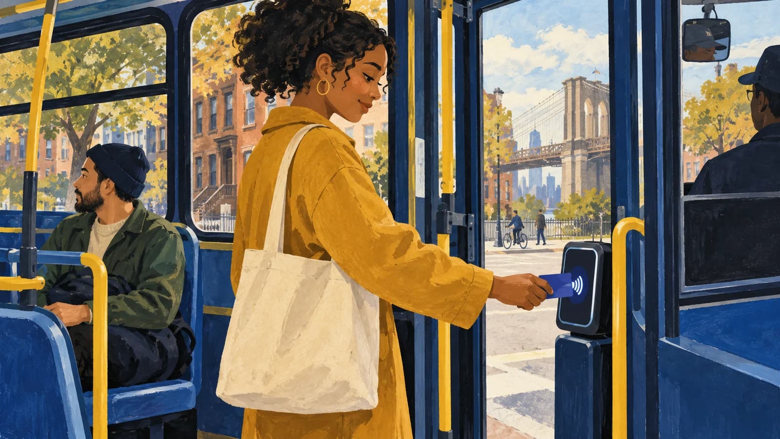 Conceptual editorial illustration of contactless payment at a Brooklyn bus doorway; not an official MTA diagram.