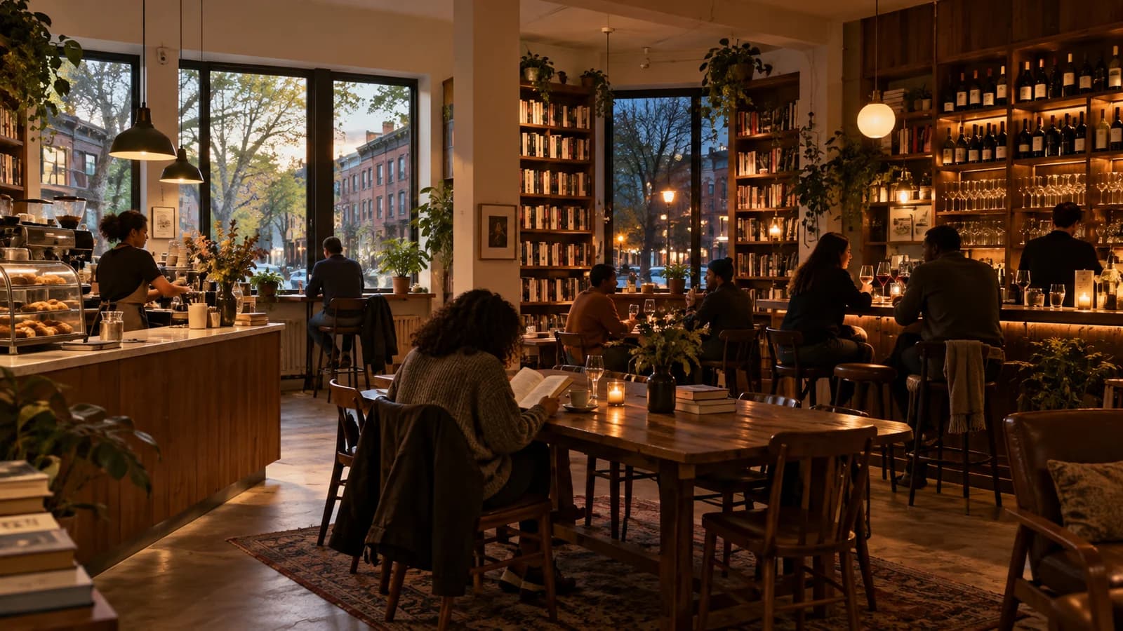 Original editorial image of a Crown Heights bookstore café transitioning into a warm evening wine bar