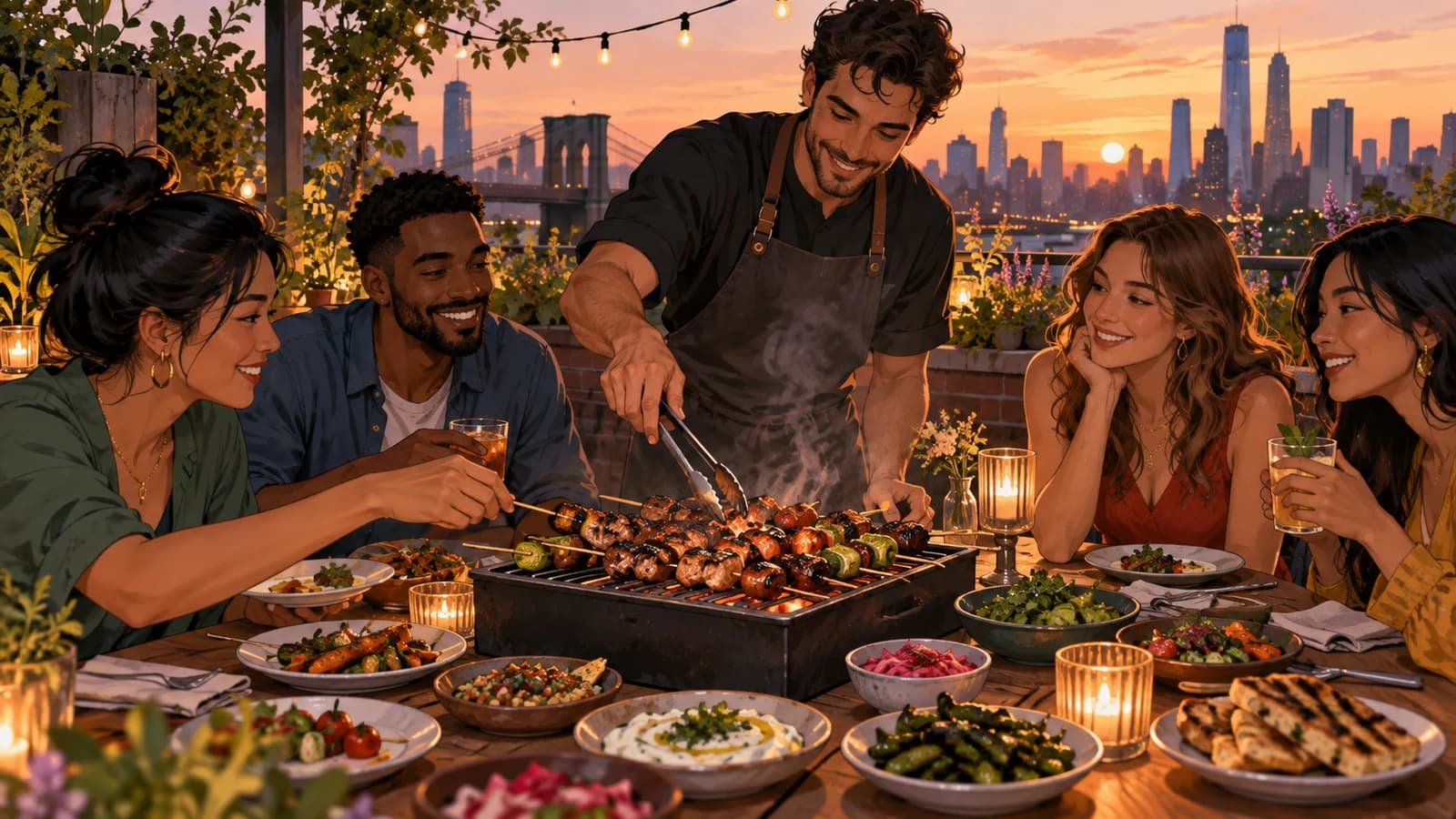 Original editorial scene of friends sharing grilled skewers and small plates during a Brooklyn rooftop dinner
