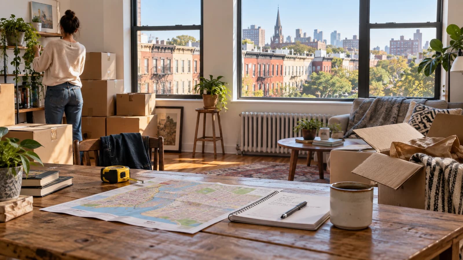 Editorial scene of moving boxes, a measuring tape, notebook and map in a sunlit Brooklyn apartment