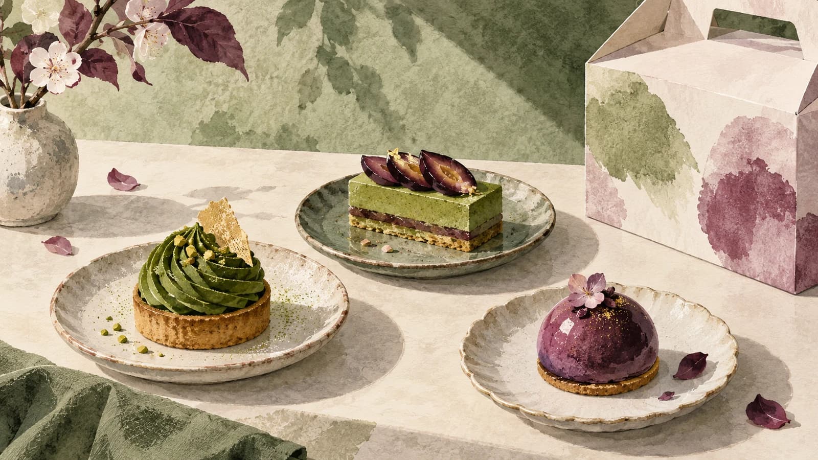 Conceptual editorial illustration for Patisserie Tomoko; not a documentary depiction of the establishment.