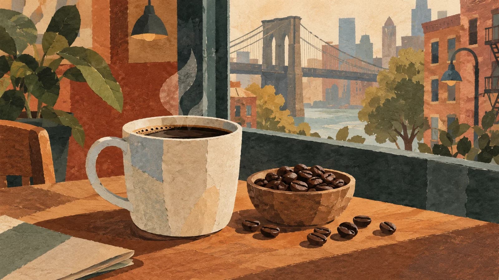 Conceptual editorial illustration for Café Grumpy Greenpoint; not a documentary depiction of the establishment.