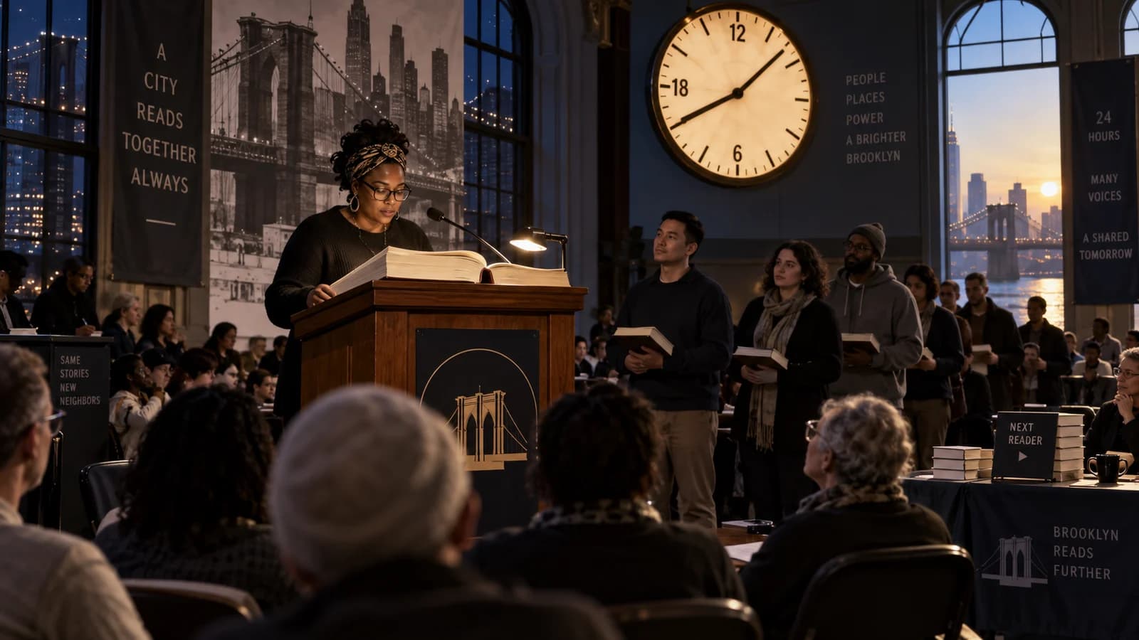 A reader at a lectern leading an overnight public reading marathon before a Brooklyn audience