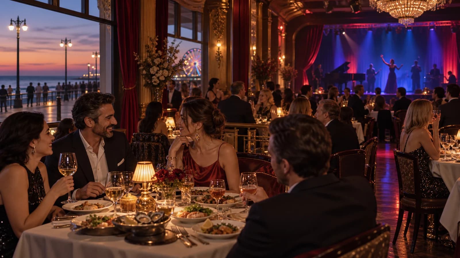 Original editorial image of guests dining beside a stage and dance floor in an elegant Brighton Beach boardwalk restaurant