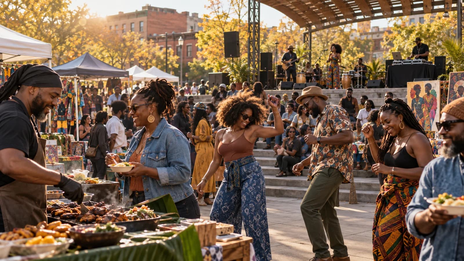 Adults enjoying diaspora food, live music and dancing at an outdoor Bed-Stuy cultural festival