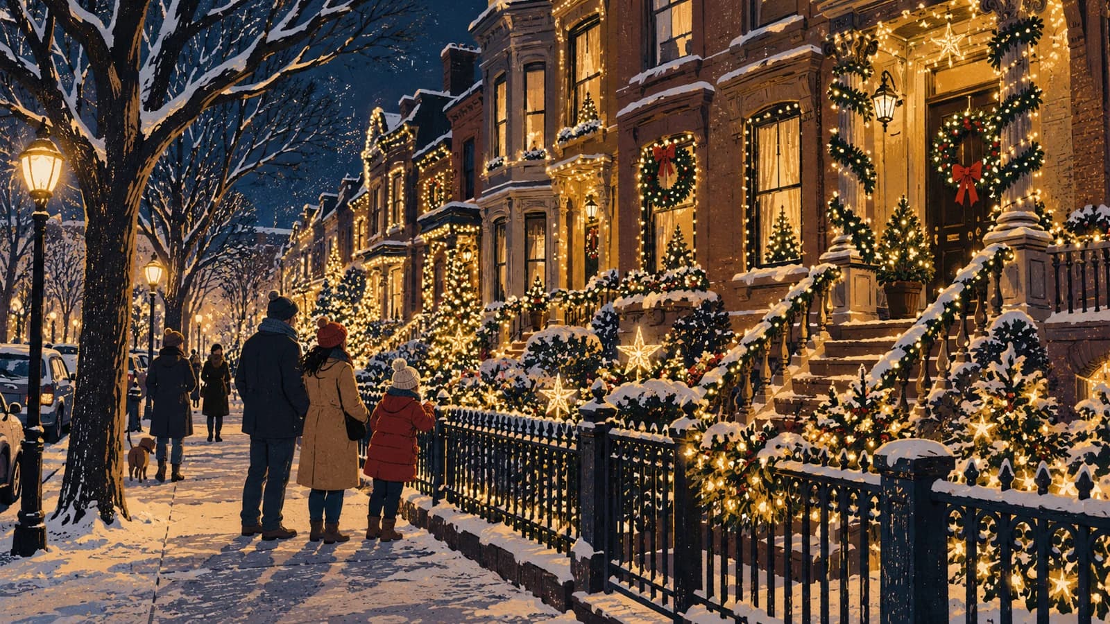 Conceptual illustration of Christmas lights on Brooklyn homes viewed by pedestrians from outside garden fences.