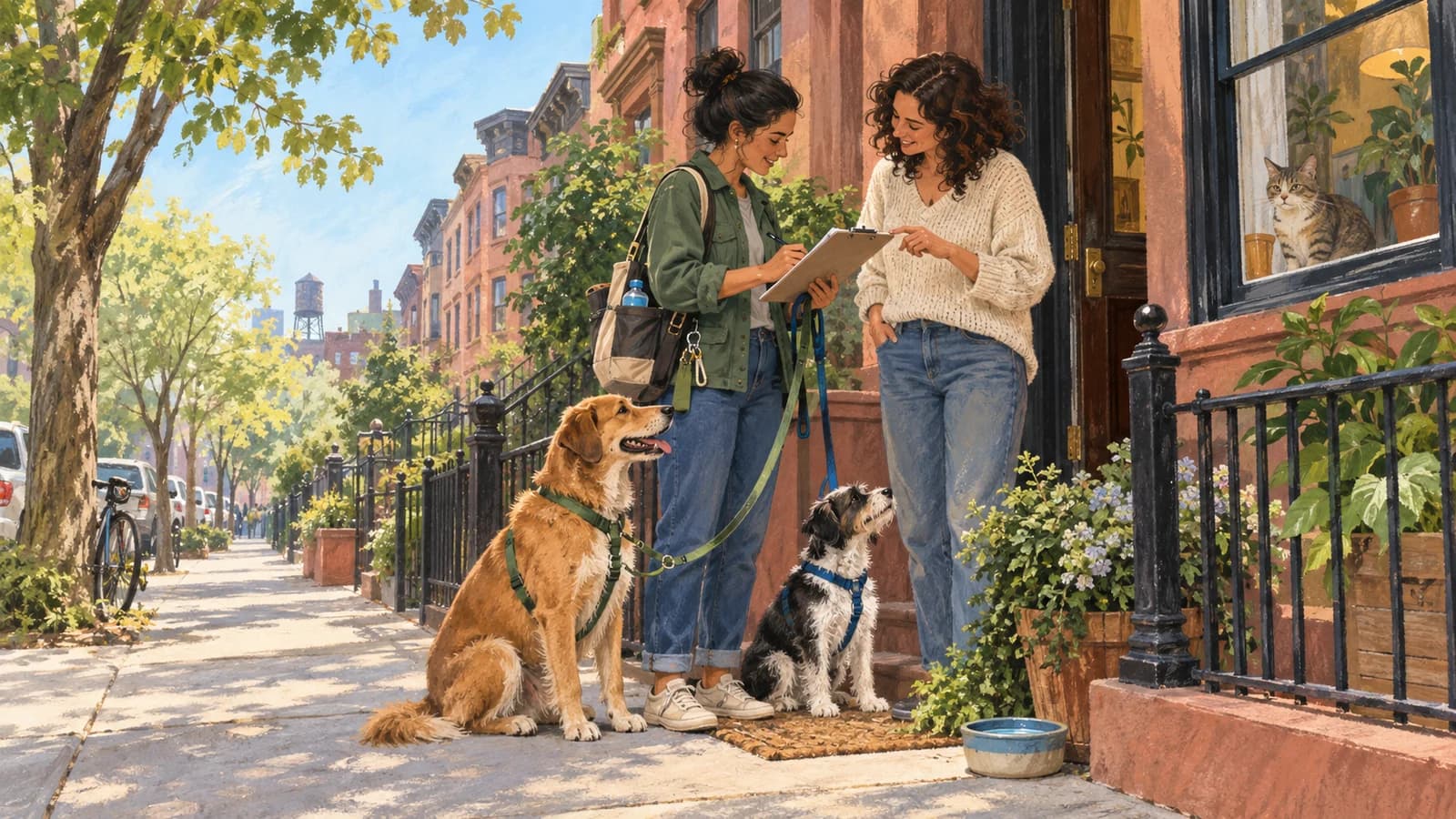 Original editorial gouache illustration of a Brooklyn pet-care worker reviewing a checklist with a dog owner outside a brownstone while two leashed dogs wait calmly.