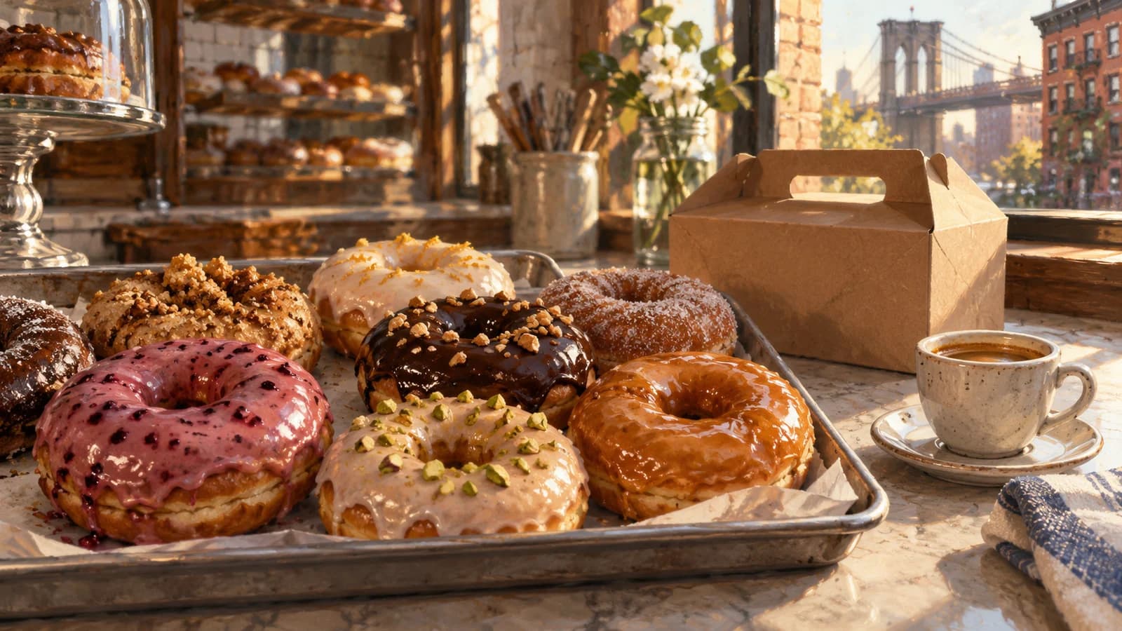 Conceptual editorial illustration of donut shop planning in Brooklyn; not a documentary depiction of the venue.